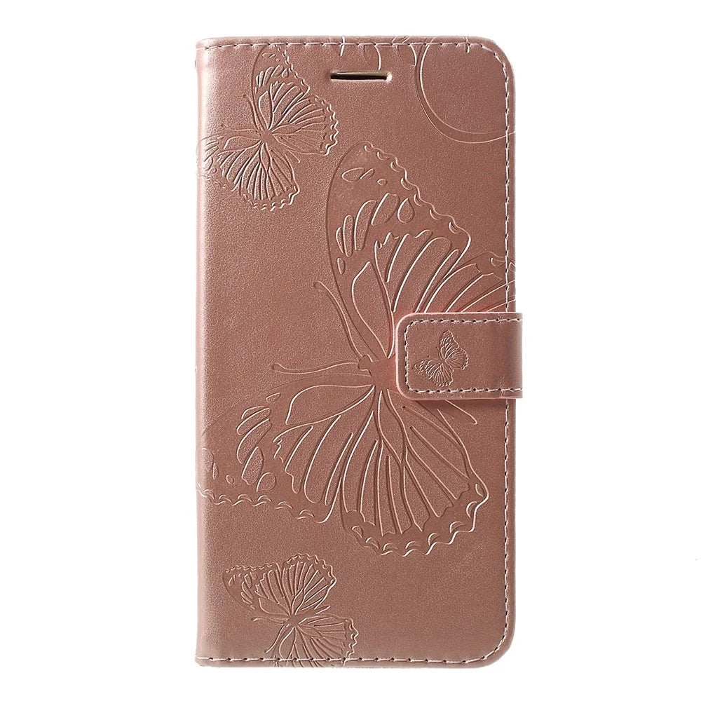 For Samsung Galaxy M10 / A10 Wallet Case Floral Butterfly Imprinted Leather Phone Cover Stand - Rose Gold - 1