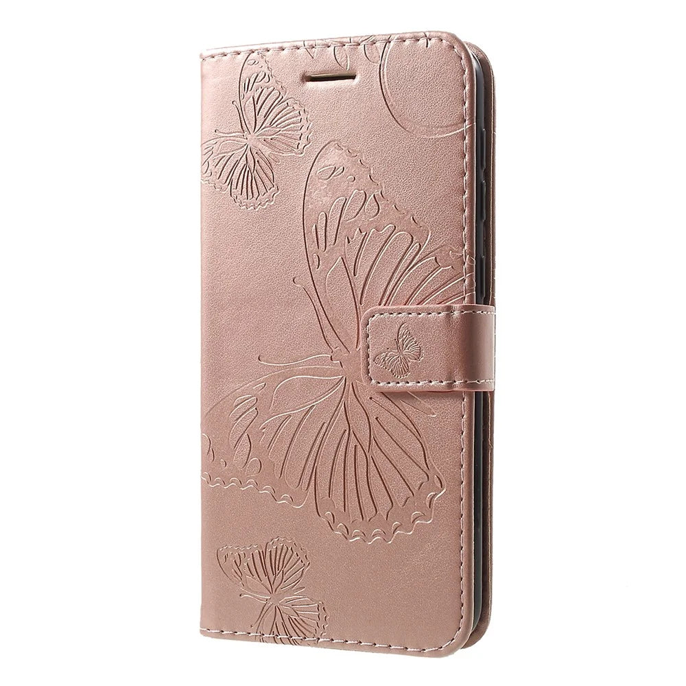 For Samsung Galaxy M10 / A10 Wallet Case Floral Butterfly Imprinted Leather Phone Cover Stand - Rose Gold - 2