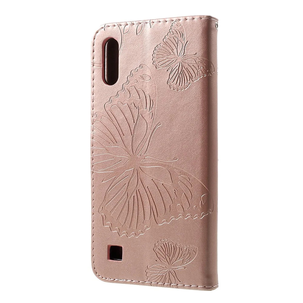 For Samsung Galaxy M10 / A10 Wallet Case Floral Butterfly Imprinted Leather Phone Cover Stand - Rose Gold - 3