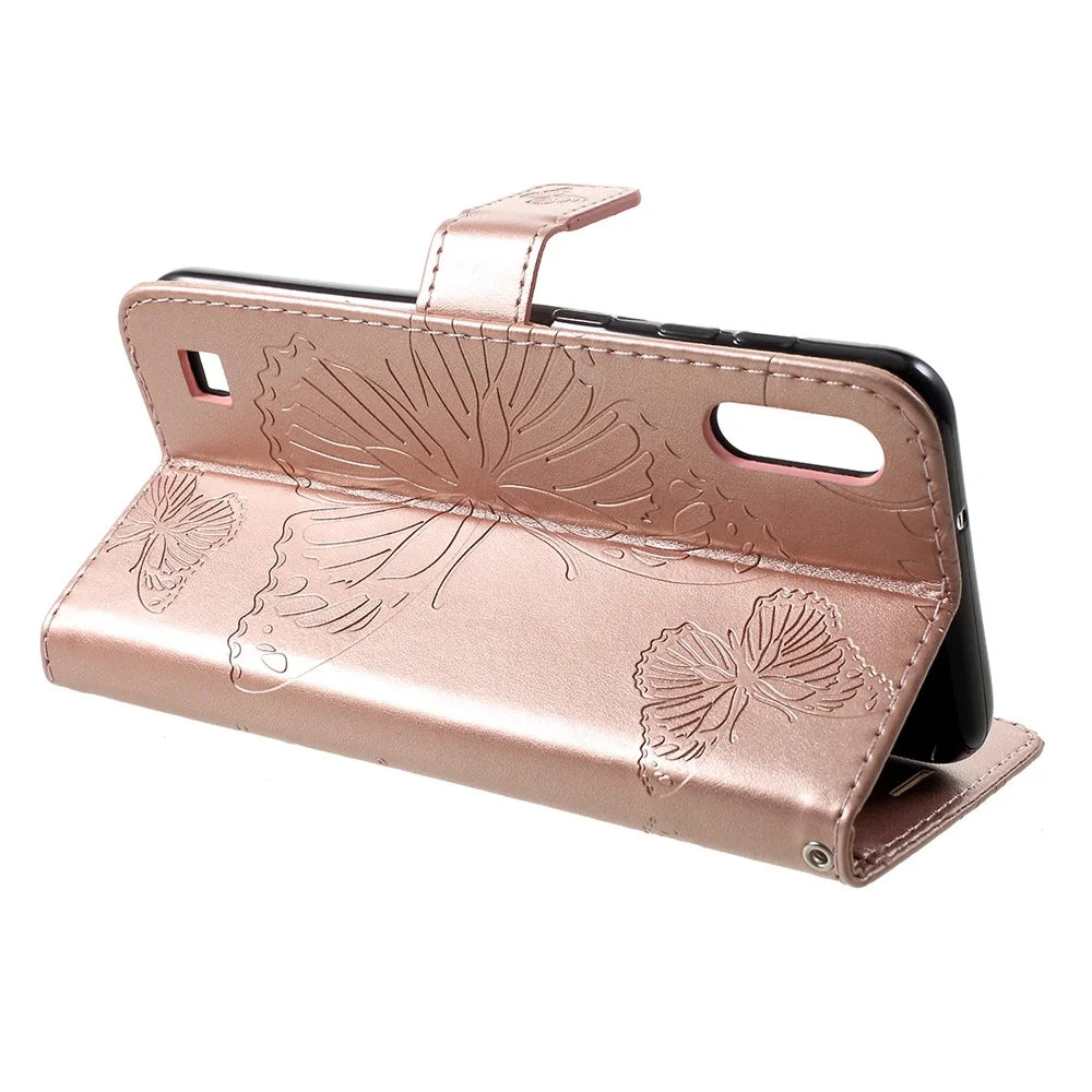For Samsung Galaxy M10 / A10 Wallet Case Floral Butterfly Imprinted Leather Phone Cover Stand - Rose Gold - 4