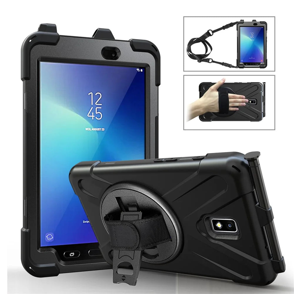 For Samsung Galaxy Tab Active 2 8.0 T395 / T390 [X-Shape] PC + TPU Combo Case with Kickstand Shoulder Strap - All Black - 1