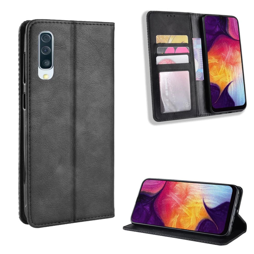 Vintage Style PU Leather Wallet Mobile Phone Shell for Samsung Galaxy A50 / A50s / A30s - Black - 1