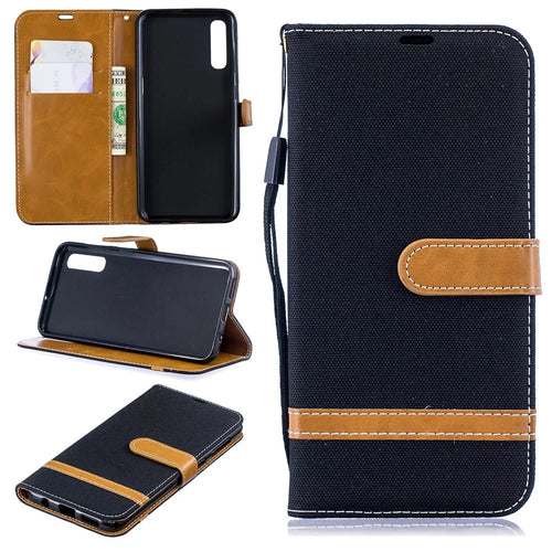 Assorted Color Jeans Cloth Wallet Stand Leather Shell for Samsung Galaxy A50 / A50s / A30s - Black - 1