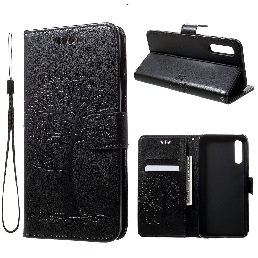 Imprint Tree Owl Wallet Stand Leather Phone Casing for Samsung Galaxy A50 / A50s / A30s - Black - 1
