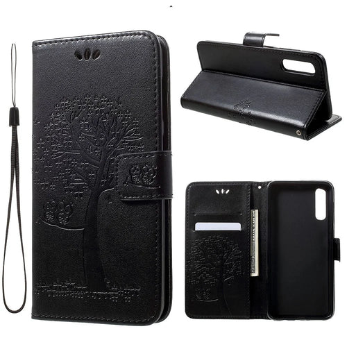 Imprint Tree Owl Wallet Stand Leather Phone Casing for Samsung Galaxy A50 / A50s / A30s - Black - 1