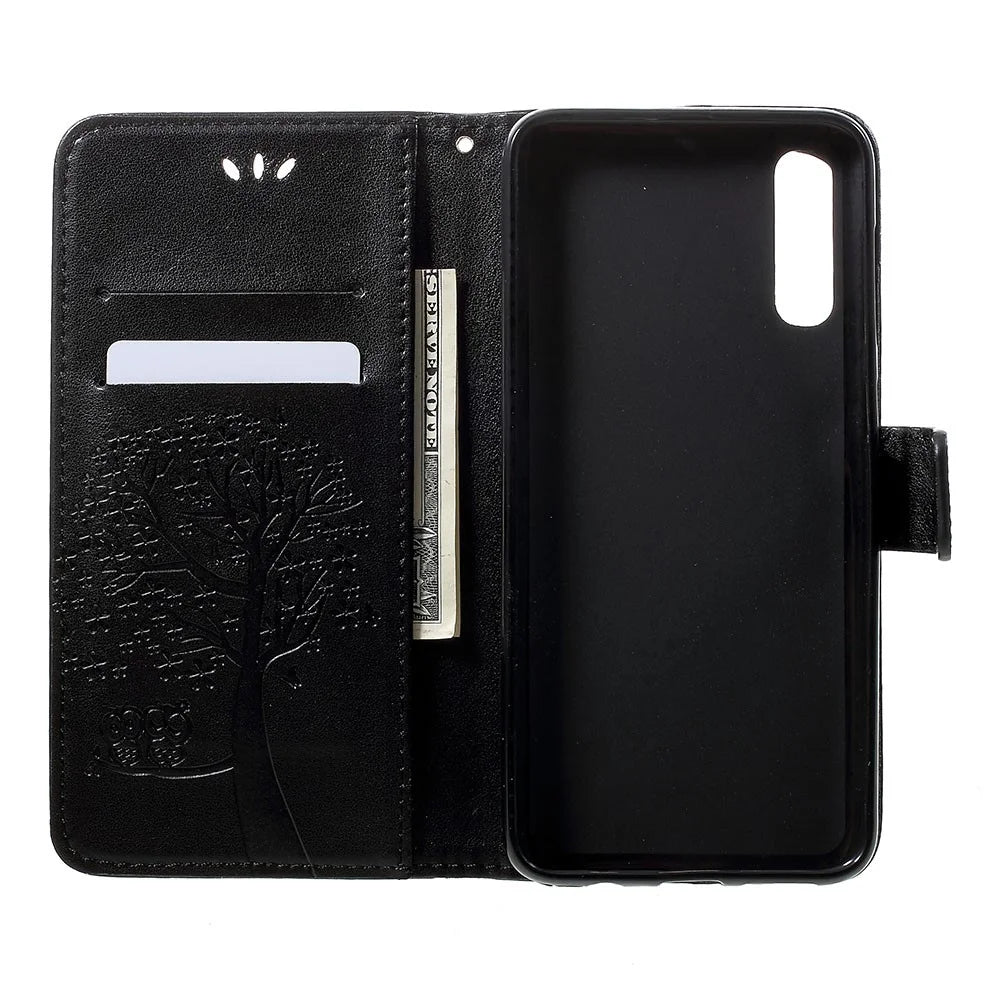 Imprint Tree Owl Wallet Stand Leather Phone Casing for Samsung Galaxy A50 / A50s / A30s - Black - 4