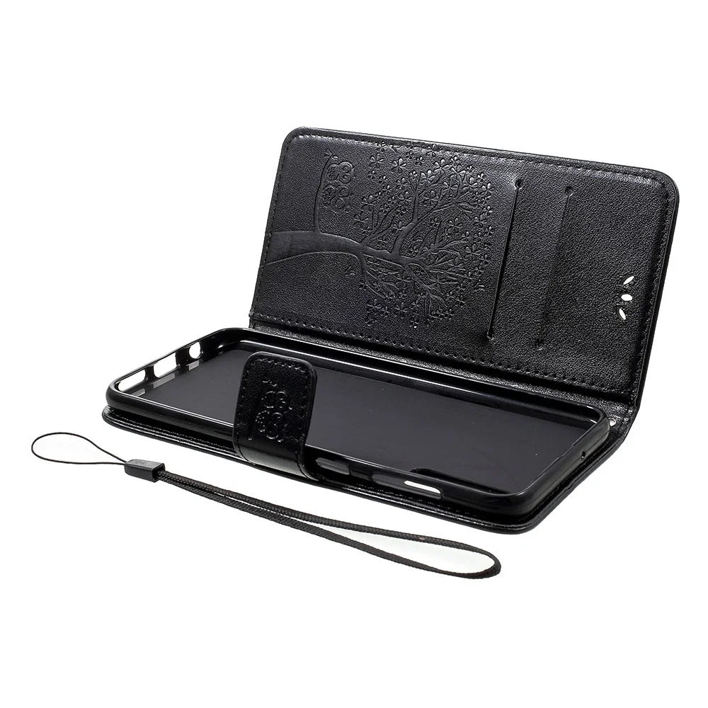 Imprint Tree Owl Wallet Stand Leather Phone Casing for Samsung Galaxy A50 / A50s / A30s - Black - 7