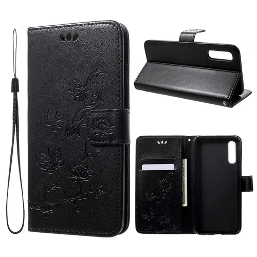 Imprint Butterfly Flowers Leather Wallet Stand Case for Samsung Galaxy A50 / A50s / A30s - Black - 1