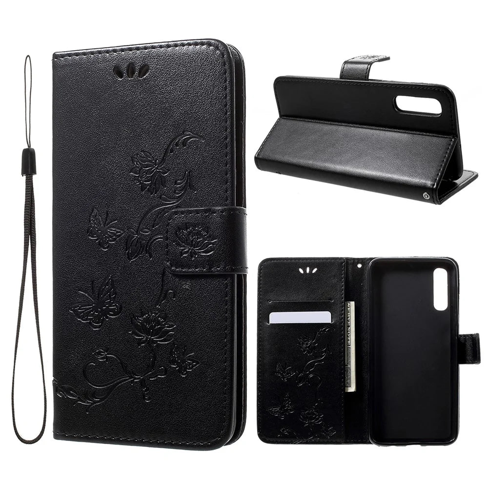 Imprint Butterfly Flowers Leather Wallet Stand Case for Samsung Galaxy A50 / A50s / A30s - Black - 1