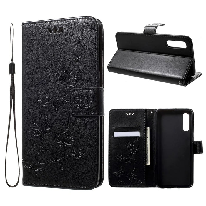 Imprint Butterfly Flowers Leather Wallet Stand Case for Samsung Galaxy A50 / A50s / A30s - Black - 1