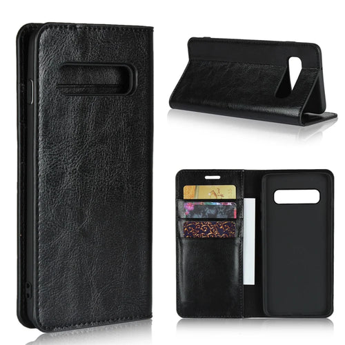 Crazy Horse Genuine Leather Wallet Stand Phone Shell for Samsung Galaxy S10 - Black - 1