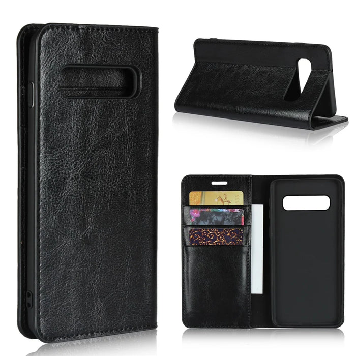 Crazy Horse Genuine Leather Wallet Stand Phone Shell for Samsung Galaxy S10 - Black - 1