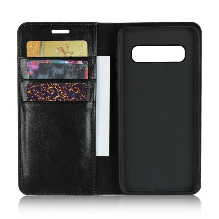 Crazy Horse Genuine Leather Wallet Stand Phone Shell for Samsung Galaxy S10 - Black - 4