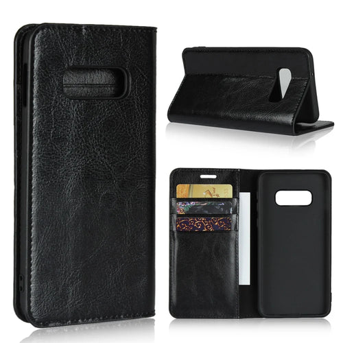 Crazy Horse Genuine Leather Wallet Phone Cover for Samsung Galaxy S10e - Black - 1