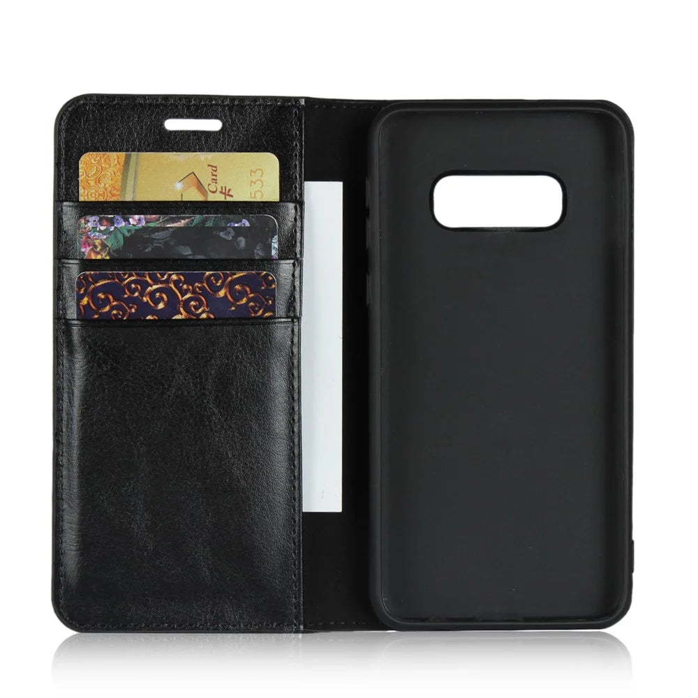 Crazy Horse Genuine Leather Wallet Phone Cover for Samsung Galaxy S10e - Black - 4