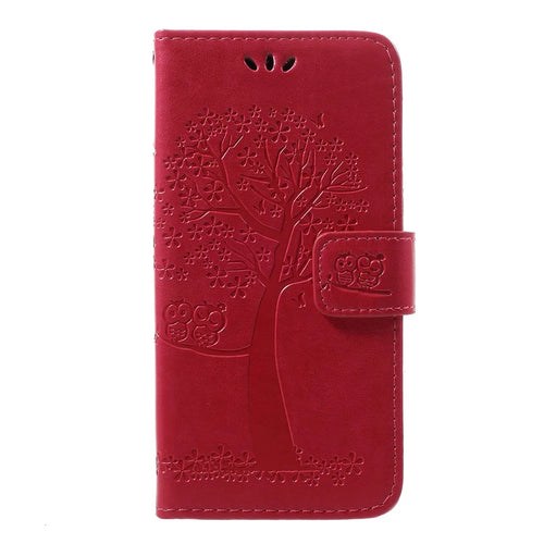 Imprint Tree Owl Leather Wallet Case for Samsung Galaxy A40 - Rose - 1