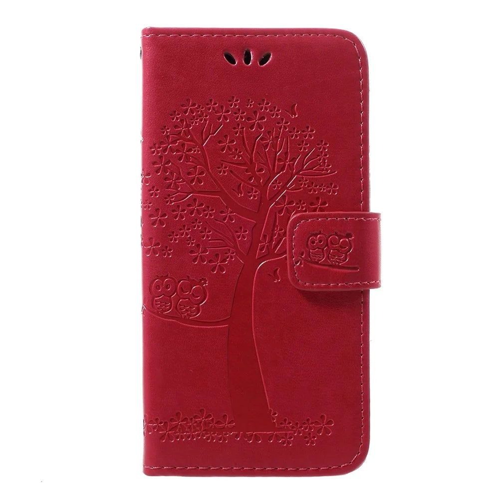 Imprint Tree Owl Leather Wallet Case for Samsung Galaxy A40 - Rose - 1