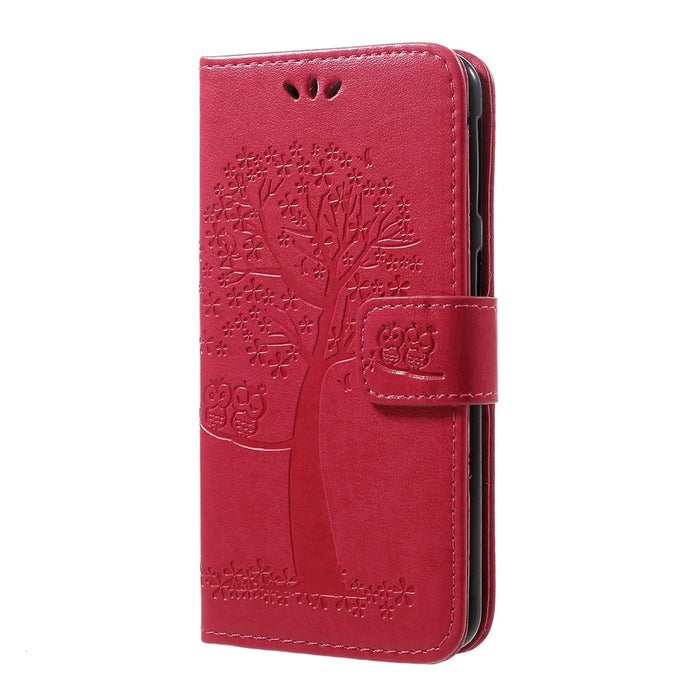 Imprint Tree Owl Leather Wallet Case for Samsung Galaxy A40 - Rose - 2