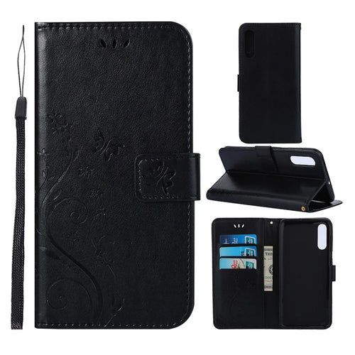 Imprint Butterfly Flower Leather Wallet Case for Samsung Galaxy A50 / A50s / A30s - Black - 1