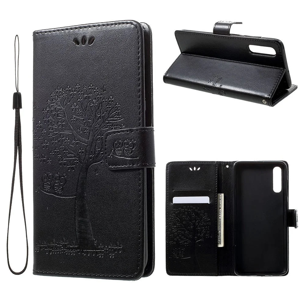 For Samsung Galaxy A70 Imprint Tree Owl Leather Wallet Stand Mobile Cover - Black - 1