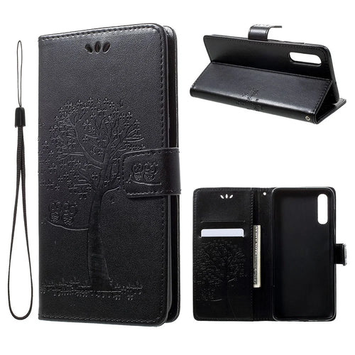 For Samsung Galaxy A70 Imprint Tree Owl Leather Wallet Stand Mobile Cover - Black - 1
