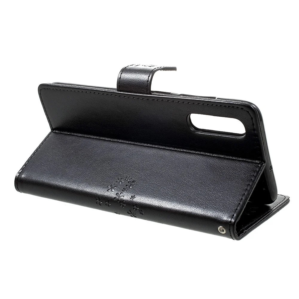 For Samsung Galaxy A70 Imprint Tree Owl Leather Wallet Stand Mobile Cover - Black - 3