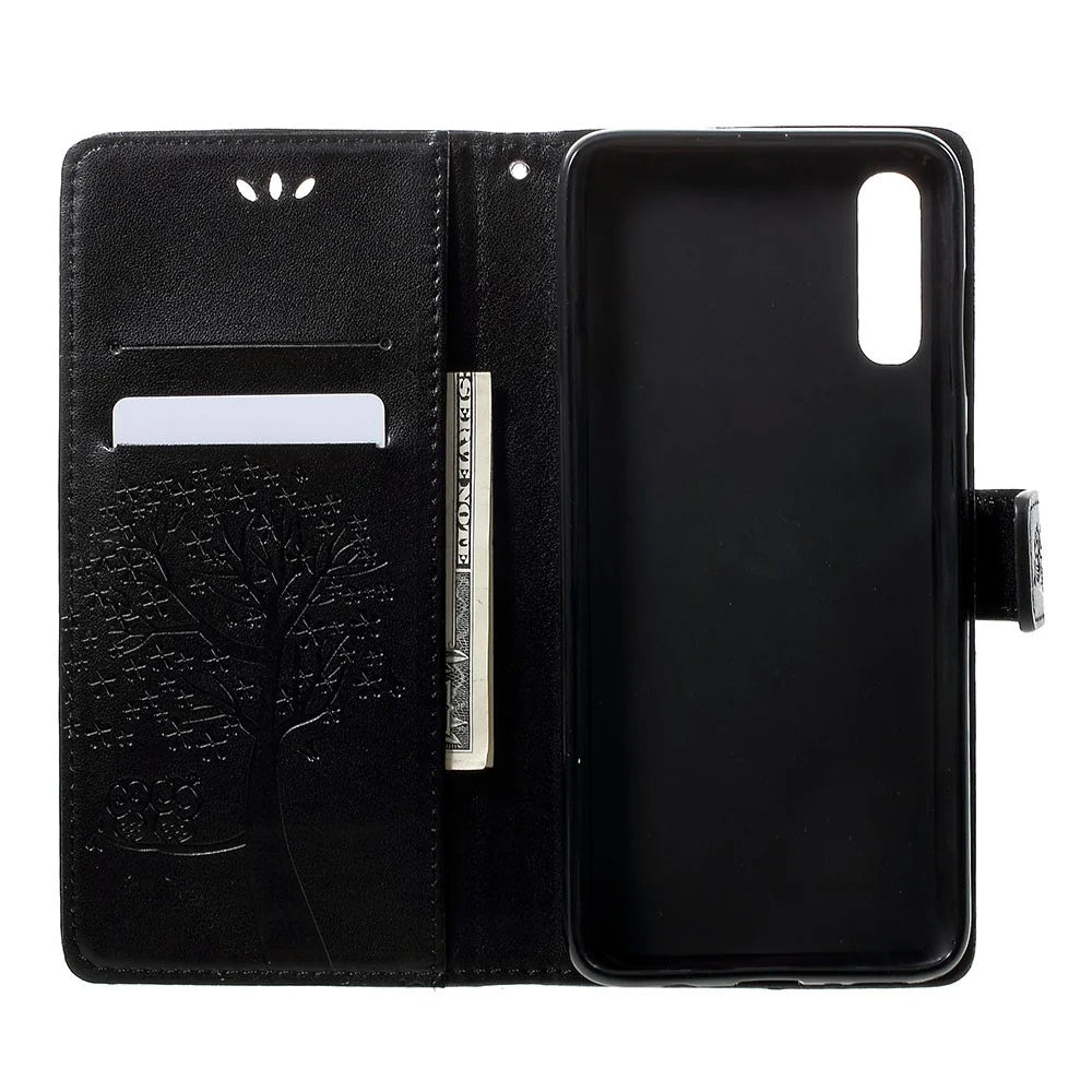 For Samsung Galaxy A70 Imprint Tree Owl Leather Wallet Stand Mobile Cover - Black - 4