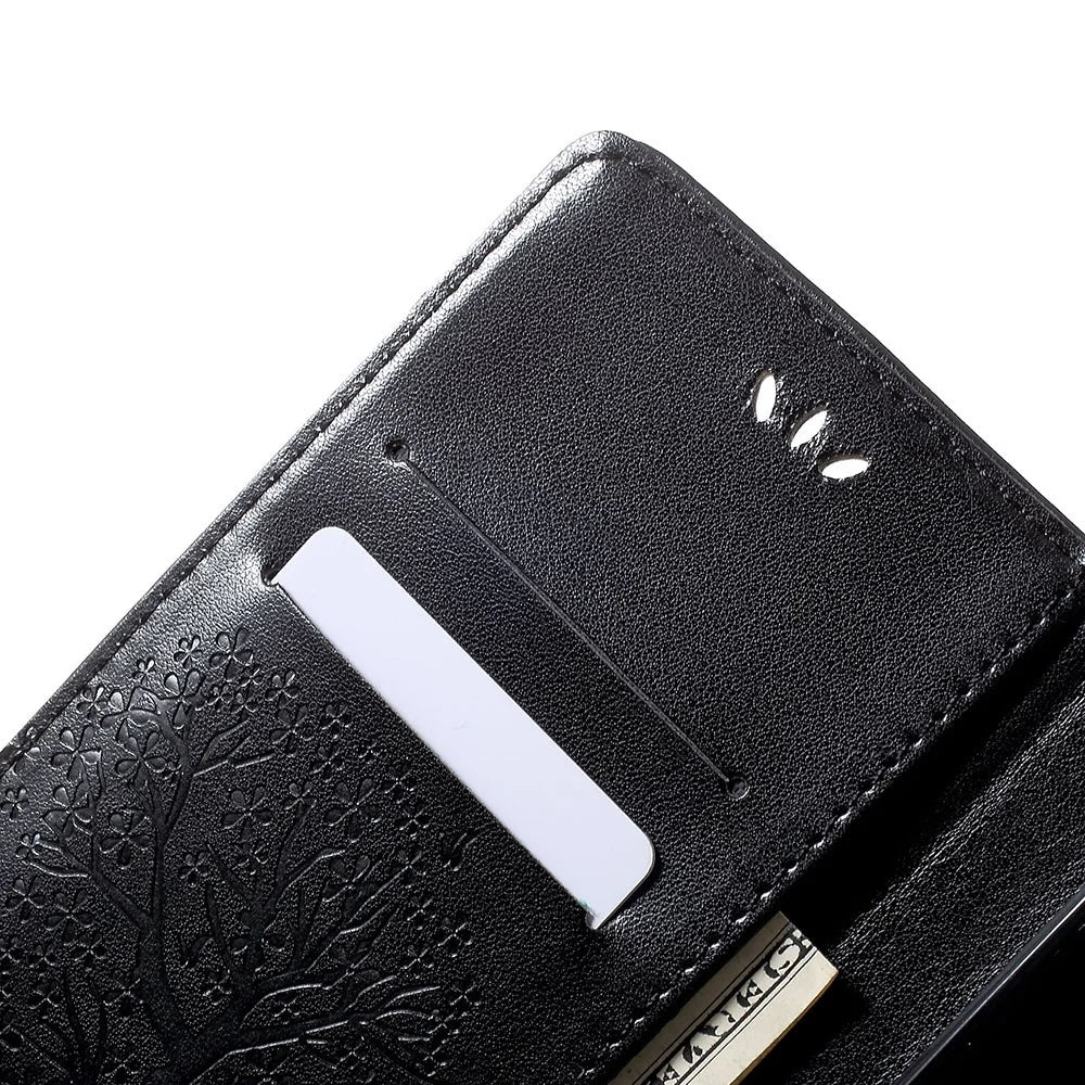 For Samsung Galaxy A70 Imprint Tree Owl Leather Wallet Stand Mobile Cover - Black - 5