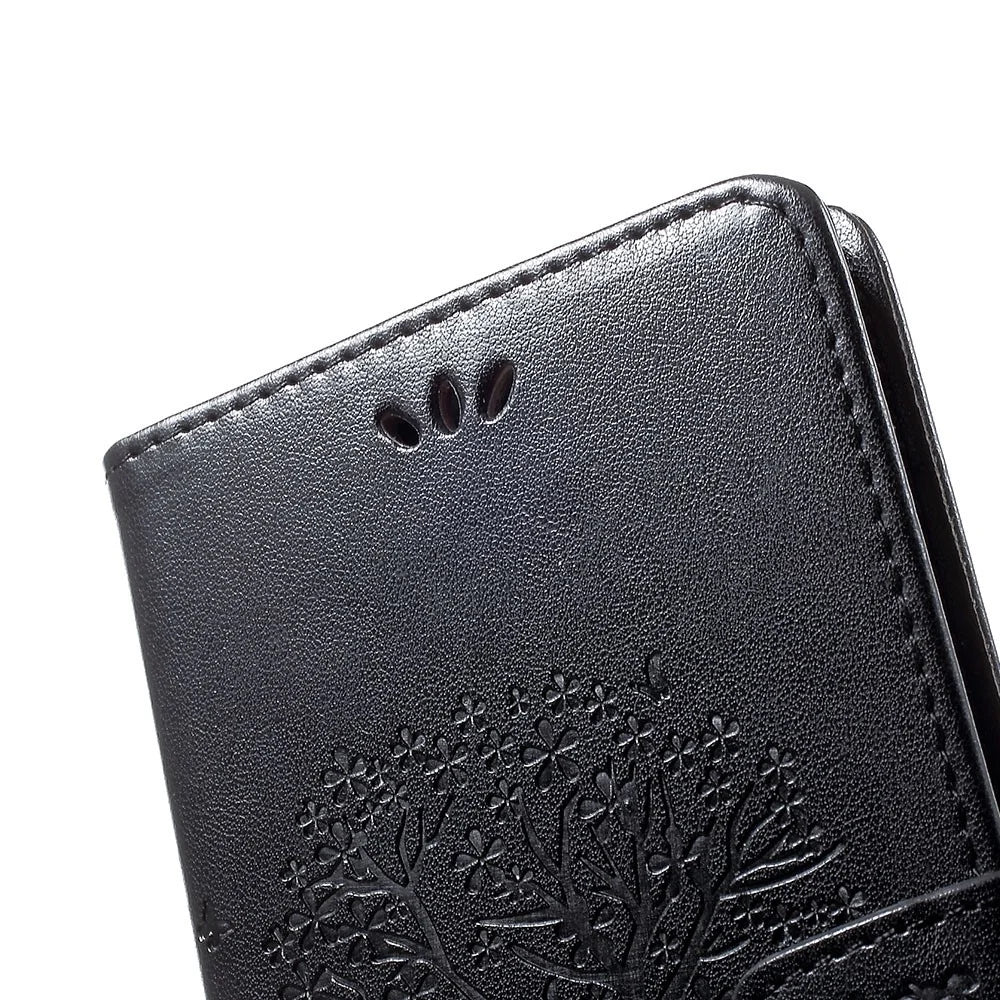 For Samsung Galaxy A70 Imprint Tree Owl Leather Wallet Stand Mobile Cover - Black - 6