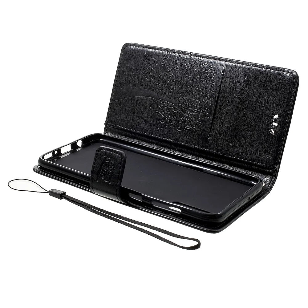 For Samsung Galaxy A70 Imprint Tree Owl Leather Wallet Stand Mobile Cover - Black - 7