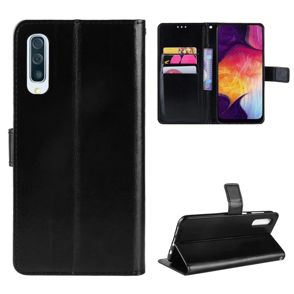 Crazy Horse Leather Wallet Stand Phone Cover with Strap for Samsung Galaxy A50 / A50s / A30s - Black - 1