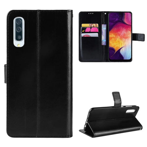 Crazy Horse Leather Wallet Stand Phone Cover with Strap for Samsung Galaxy A50 / A50s / A30s - Black - 1