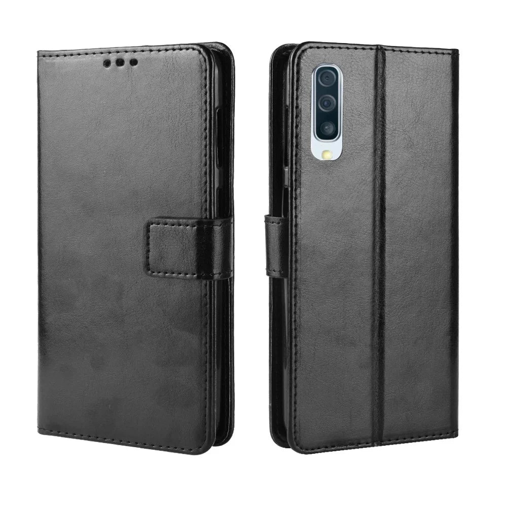 Crazy Horse Leather Wallet Stand Phone Cover with Strap for Samsung Galaxy A50 / A50s / A30s - Black - 2