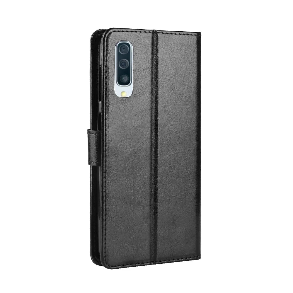 Crazy Horse Leather Wallet Stand Phone Cover with Strap for Samsung Galaxy A50 / A50s / A30s - Black - 5