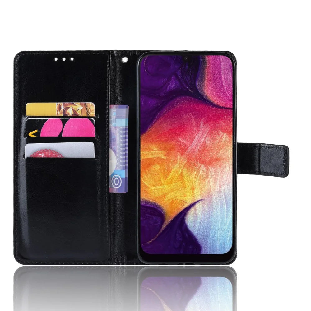 Crazy Horse Leather Wallet Stand Phone Cover with Strap for Samsung Galaxy A50 / A50s / A30s - Black - 6