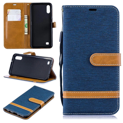 Assorted Color Jeans Cloth Wallet Stand Leather Case for Samsung Galaxy A10 - Dark Blue - 1