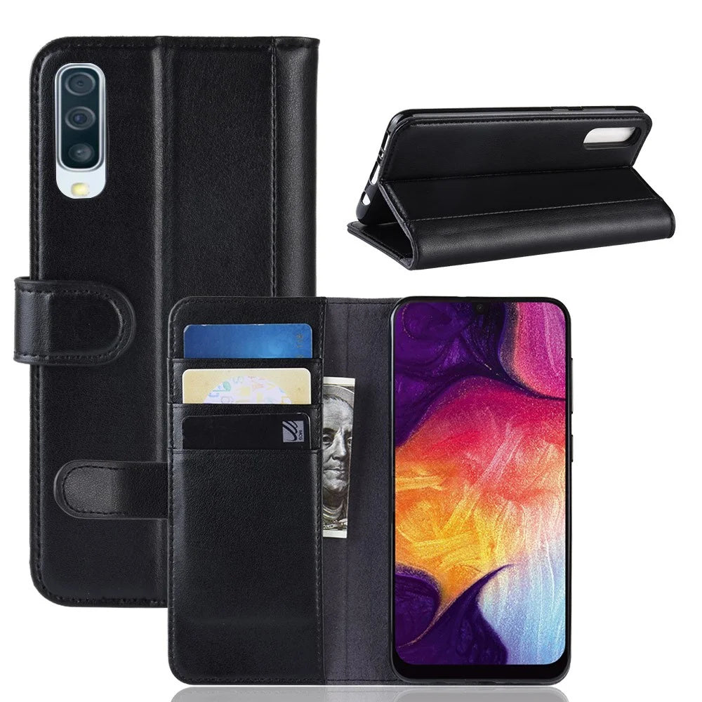 For Samsung Galaxy A50 / A50s / A30s Phone Cases Genuine Split Leather Wallet Mobile Cover Stand - Black - 1