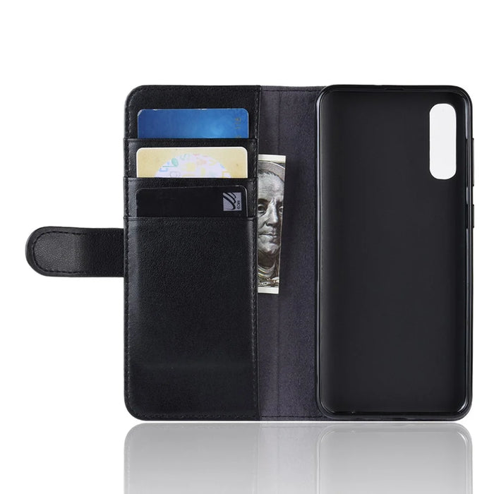 For Samsung Galaxy A50 / A50s / A30s Phone Cases Genuine Split Leather Wallet Mobile Cover Stand - Black - 3
