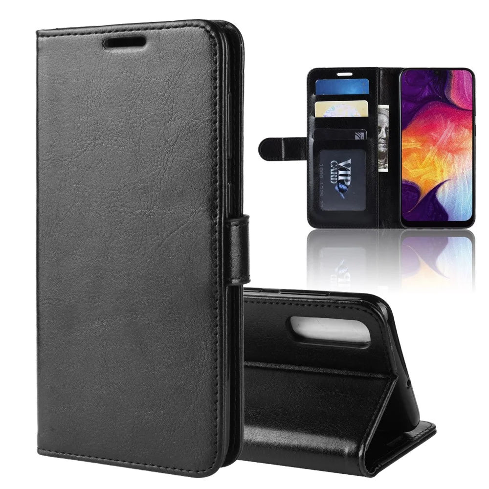 Crazy Horse Texture Magnetic Stand Leather Phone Shell for Samsung Galaxy A50 / A50s / A30s - Black - 1