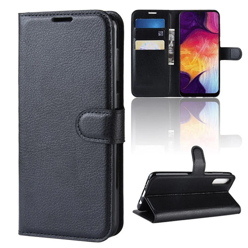 Litchi Skin Wallet Leather Stand Case for Samsung Galaxy A50 / A50s / A30s Cell Phone Case - Black - 1