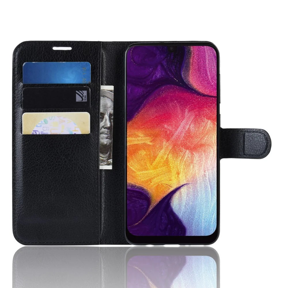 Litchi Skin Wallet Leather Stand Case for Samsung Galaxy A50 / A50s / A30s Cell Phone Case - Black - 4