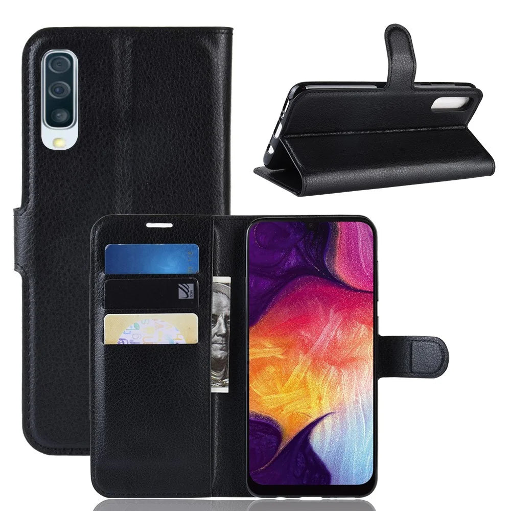 Litchi Skin Wallet Leather Stand Case for Samsung Galaxy A50 / A50s / A30s Cell Phone Case - Black - 7
