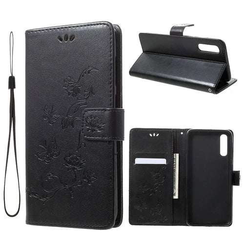 Imprint Butterfly Flowers Leather Wallet Stand Case for Samsung Galaxy A70 - Black - 1