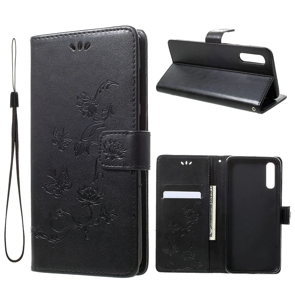 Imprint Butterfly Flowers Leather Wallet Stand Case for Samsung Galaxy A70 - Black - 1