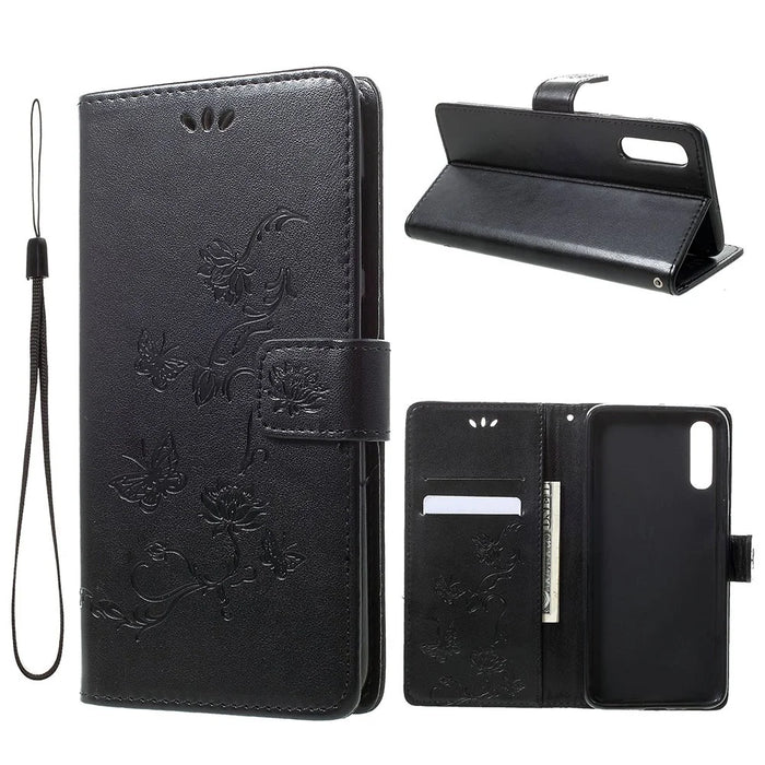 Imprint Butterfly Flowers Leather Wallet Stand Case for Samsung Galaxy A70 - Black - 1