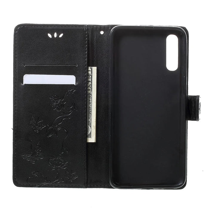 Imprint Butterfly Flowers Leather Wallet Stand Case for Samsung Galaxy A70 - Black - 4