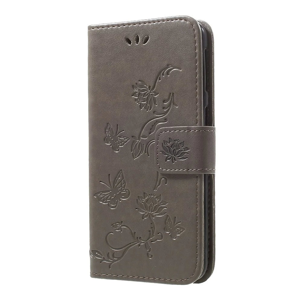 Imprint Butterfly Flower Stand Wallet Leather Shell Case for Samsung Galaxy A40 - Grey - 2