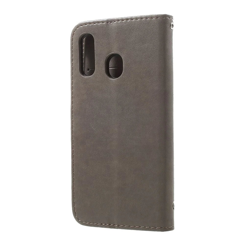 Imprint Butterfly Flower Stand Wallet Leather Shell Case for Samsung Galaxy A40 - Grey - 3