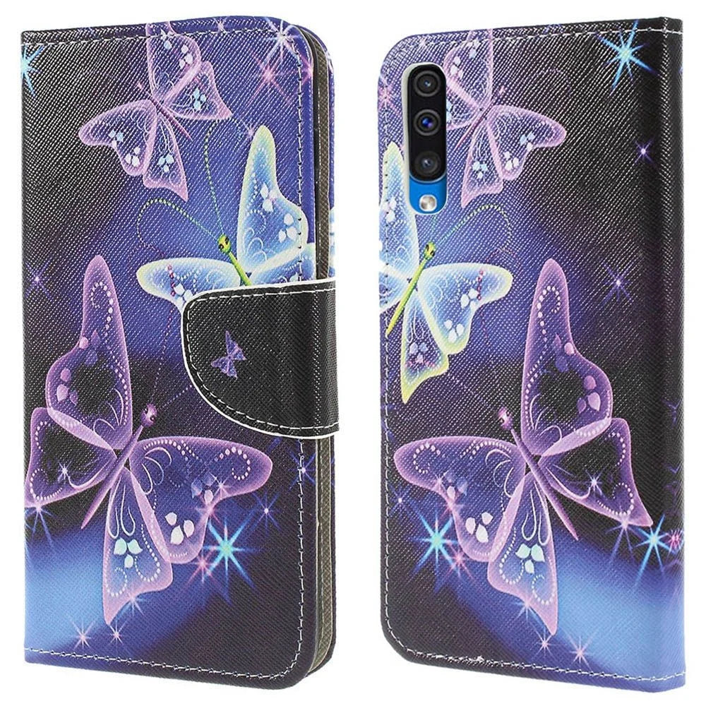Pattern Printing Cross Texture PU Leather Wallet Flip Casing for Samsung Galaxy A50 / A50s / A30s - Vivid Butterflies - 1