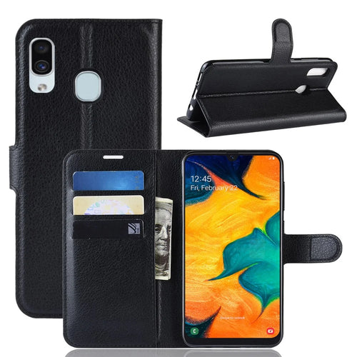 Litchi Skin PU Leather Wallet Stand Mobile Casing for Samsung Galaxy A30 / A20 - Black - 1